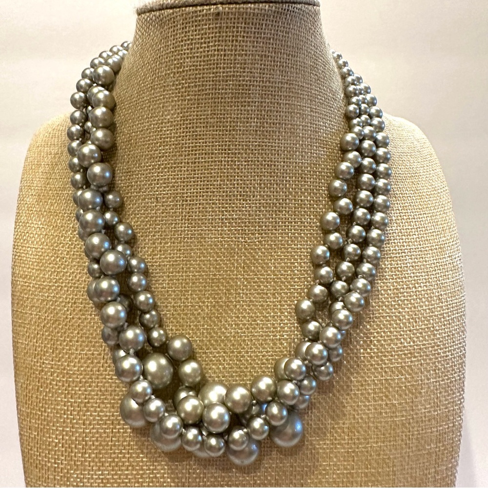 J. Crew chunky Necklace-multistrand gray glass pearls, graduated, hand knotted